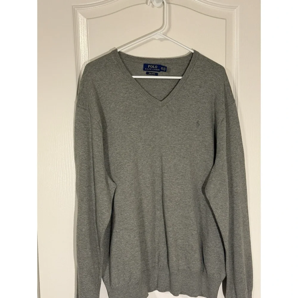Polo Ralph Lauren Sweater Mens 2XL Gray‎ V Neck Cotton Pullover